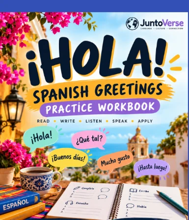 ¡HOLA! Spanish Greetings Practice Workbook cover